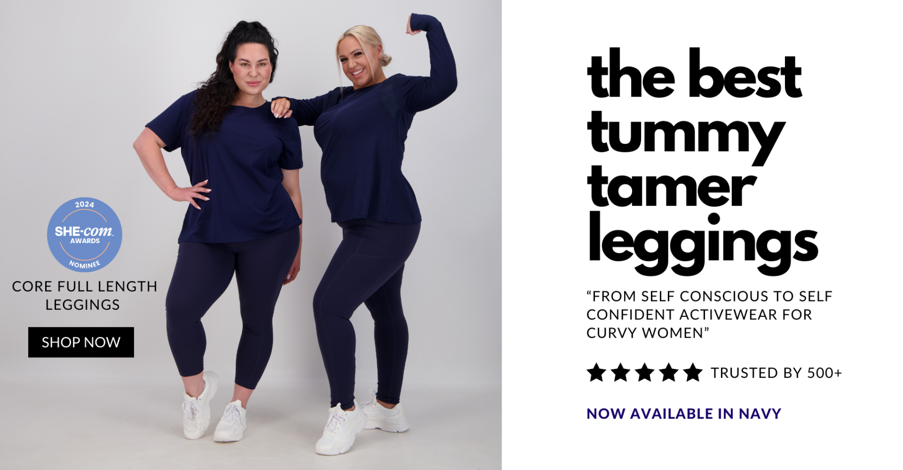 Two women wearing navy leggings with promotional text on a white background