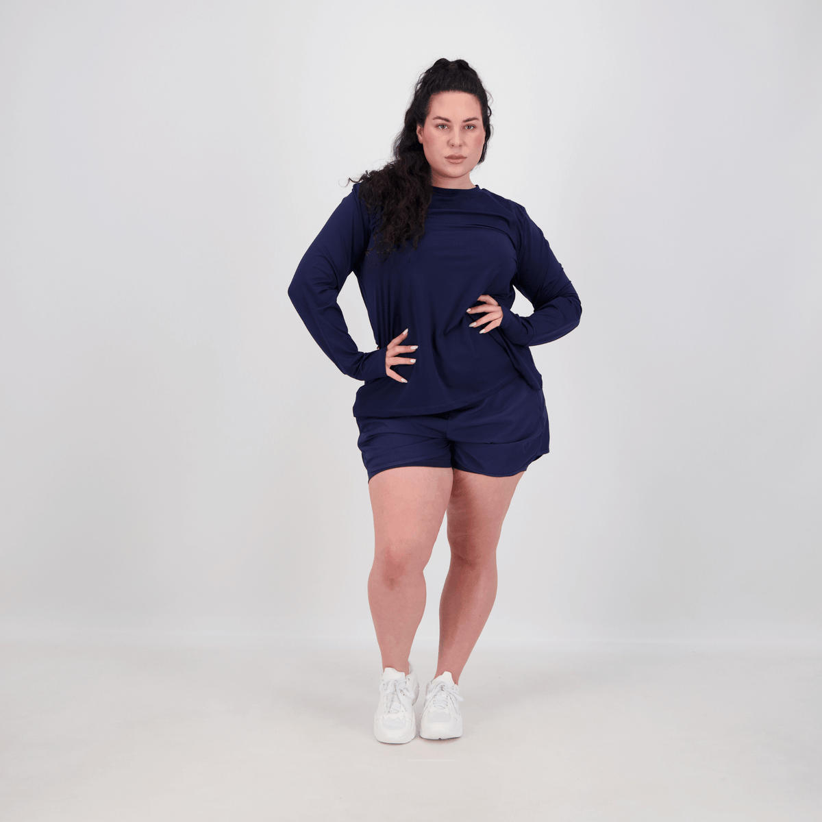 woman wearing long sleeve tee navy colour
