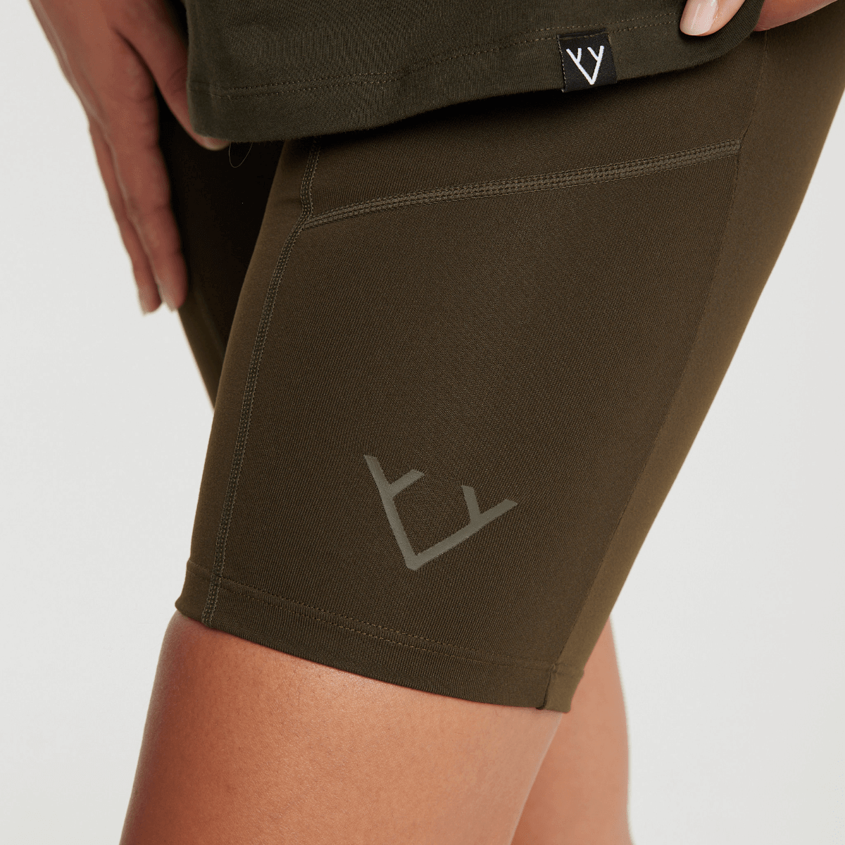 Victoria Stag Core Bike Shorts in Khaki front logo