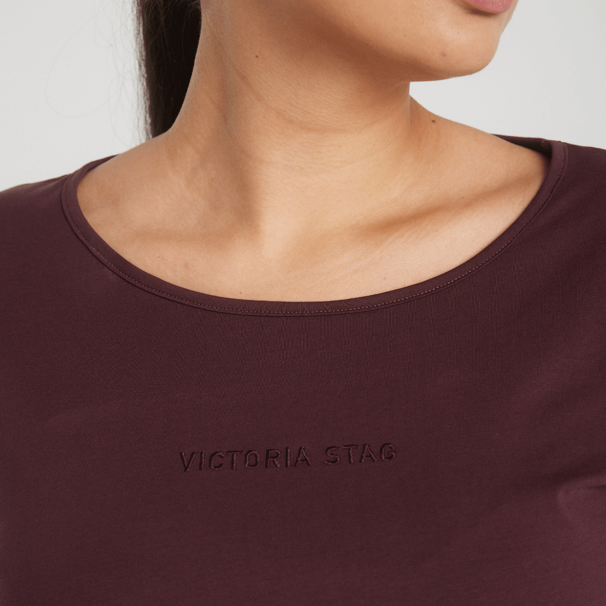 Victoria Stag's Core Cap Sleeved Tee in Ox Blood front closer  look