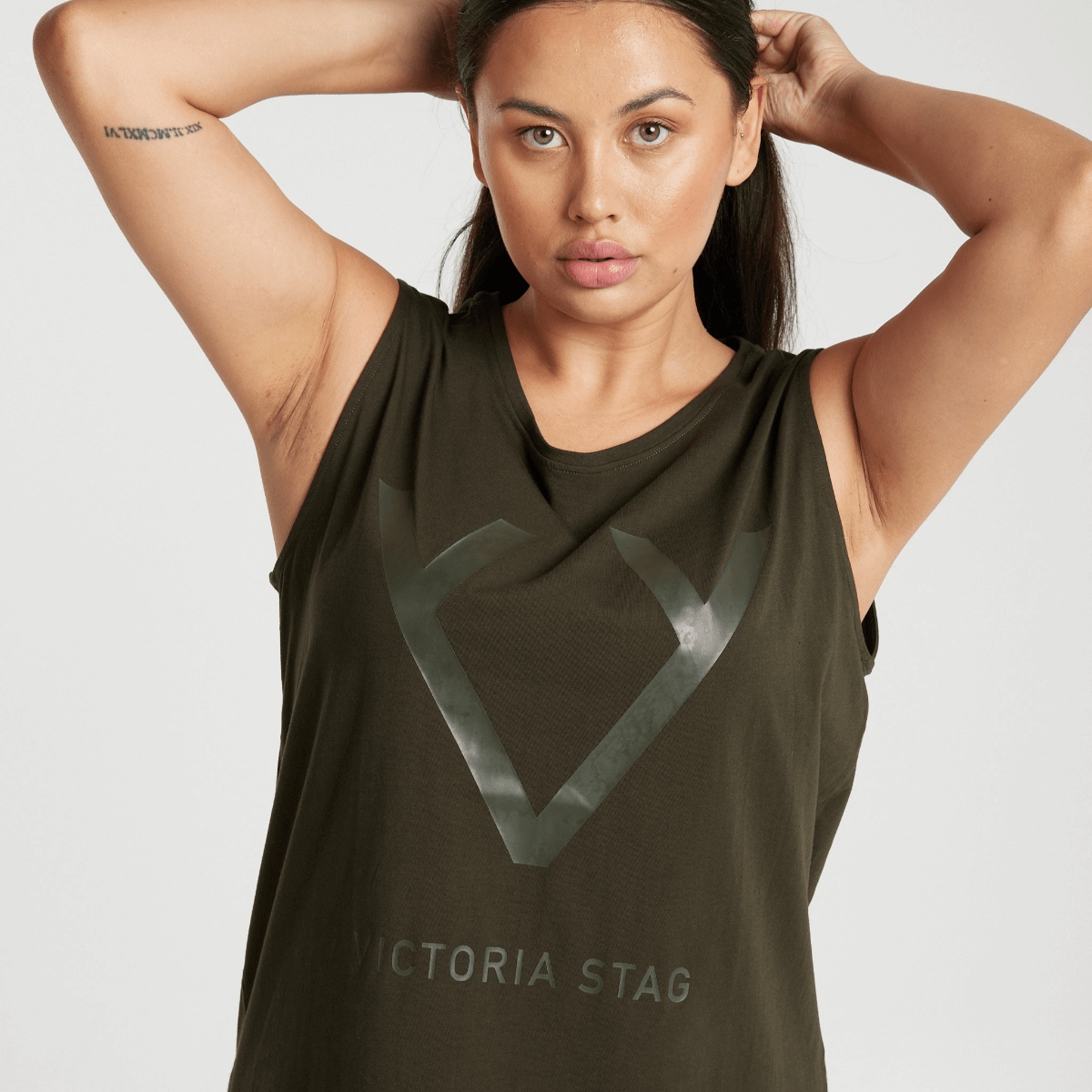 Victoria Stag's Core Muscle Tank in Khaki front closer look