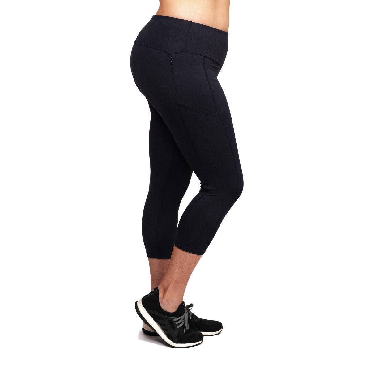 Woman wearing Victoria Stag's 3/4 length high rise leggings
