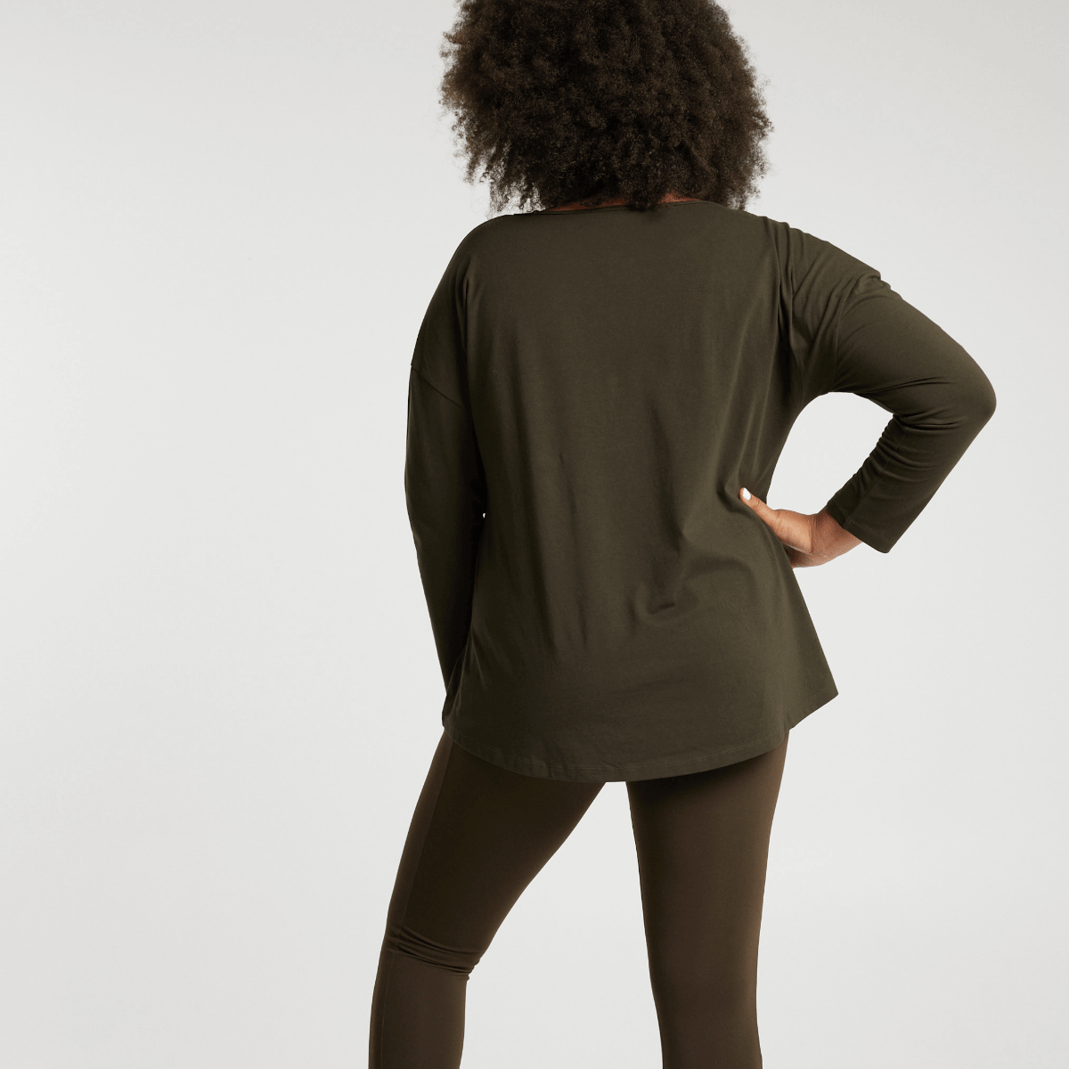 Woman wearing Victoria Stag's Elite Long Sleeve Tee in Khaki back